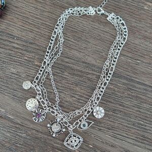 Multi Strand Silver Evil Eye Charm Necklace